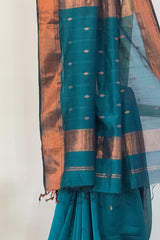 Charming Peacock Blue Copper Zari Saree