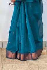Charming Peacock Blue Copper Zari Saree