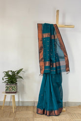 Charming Peacock Blue Copper Zari Saree