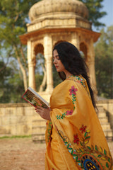 Golden Aura Kosa Silk Saree with Yellow Peacock Madhubani Art