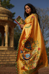 Golden Aura Kosa Silk Saree with Yellow Peacock Madhubani Art