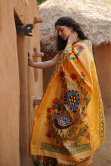 Golden Aura Kosa Silk Saree with Yellow Peacock Madhubani Art