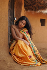 Golden Aura Kosa Silk Saree with Yellow Peacock Madhubani Art