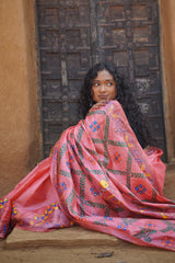 Serene Coral Kosa Silk Saree with Madhubani Fish Motifs