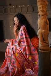 Serene Coral Kosa Silk Saree with Madhubani Fish Motifs