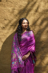 Purple Grace Kosa Silk Saree with Madhubani Fish Motifs