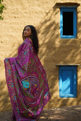 Purple Grace Kosa Silk Saree with Madhubani Fish Motifs