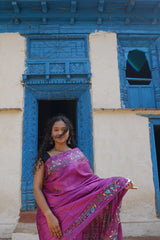 Purple Grace Kosa Silk Saree with Madhubani Fish Motifs