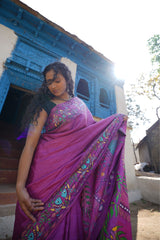 Purple Grace Kosa Silk Saree with Madhubani Fish Motifs