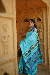 Celestial Sky Blue Kosa Silk Saree with Madhubani Art