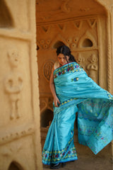 Celestial Sky Blue Kosa Silk Saree with Madhubani Art