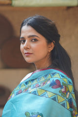 Celestial Sky Blue Kosa Silk Saree with Madhubani Art