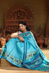 Celestial Sky Blue Kosa Silk Saree with Madhubani Art