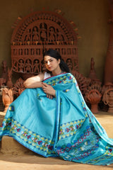 Celestial Sky Blue Kosa Silk Saree with Madhubani Art