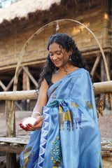 Royal Navy Kosa Silk Saree with Gond Art Deer Design