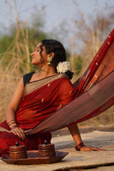 Radiant Maroon Paat Booti Maheshwari Saree with Resham Leaf Motifs