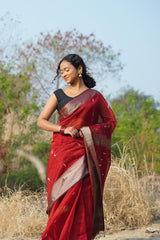 Radiant Maroon Paat Booti Maheshwari Saree with Resham Leaf Motifs