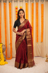 Regal Grace Maroon Maheshwari Silk Saree with Heavy Border & Phool Booti