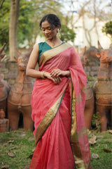 Serene Weave Green-Pink Maheshwari Silk Saree with Tissue Fine Checks