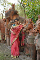Serene Weave Green-Pink Maheshwari Silk Saree with Tissue Fine Checks