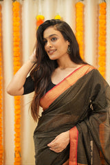 Elegant Black Broad Zari Checks Saree