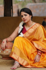 Flame Elegance Yellow-Red Maheshwari Silk Saree with Tissue Fine Checks