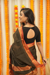 Elegant Black Broad Zari Checks Saree