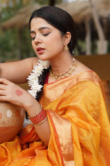 Flame Elegance Yellow-Red Maheshwari Silk Saree with Tissue Fine Checks