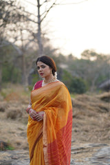 Flame Elegance Yellow-Red Maheshwari Silk Saree with Tissue Fine Checks