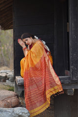 Flame Elegance Yellow-Red Maheshwari Silk Saree with Tissue Fine Checks