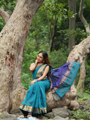 Majestic Fusion Navy-Peacock Maheshwari Silk Saree with Double Chatai Border