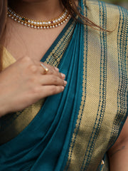 Majestic Fusion Navy-Peacock Maheshwari Silk Saree with Double Chatai Border