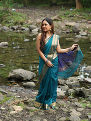 Majestic Fusion Navy-Peacock Maheshwari Silk Saree with Double Chatai Border