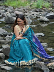 Majestic Fusion Navy-Peacock Maheshwari Silk Saree with Double Chatai Border