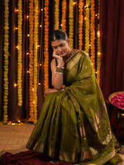 Lustrous Elegance Mehndi Green Maheshwari Silk Saree with Tissue Heavy Pallu