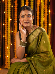 Lustrous Elegance Mehndi Green Maheshwari Silk Saree with Tissue Heavy Pallu