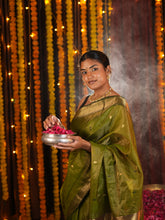 Lustrous Elegance Mehndi Green Maheshwari Silk Saree with Tissue Heavy Pallu