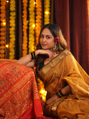 Yellow Gold Maheshwari Tissue heavy pallu Silk Saree