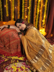 Yellow Gold Maheshwari Tissue heavy pallu Silk Saree