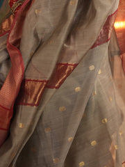 Timeless Charm Grey-Red Maheshwari Silk Saree with Heavy Border & Phool Booti