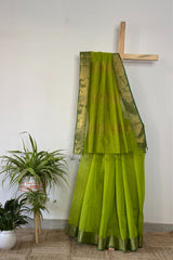 Glowing Green Tissue Stripes Saree with Zari Border