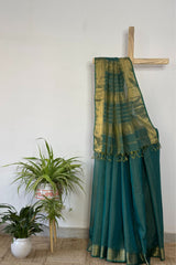Verdant Glow Dark Green Maheshwari Silk Saree with Tissue Stripes