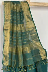 Verdant Glow Dark Green Maheshwari Silk Saree with Tissue Stripes