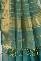 Verdant Glow Dark Green Maheshwari Silk Saree with Tissue Stripes