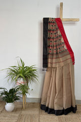 Rhythmic Elegance Beige Maheshwari Silk Saree with Damru Pallu