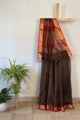 Opulent Coffee Maheshwari Silk Saree with Broad Zari Checks