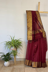 Regal Grace Maroon Maheshwari Silk Saree with Heavy Border & Phool Booti