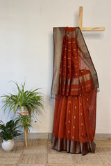Amber Glow Rust Paat Booti Maheshwari Saree with Resham Leaf Motifs