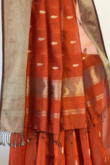 Amber Glow Rust Paat Booti Maheshwari Saree with Resham Leaf Motifs