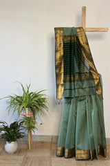 Verdant Majesty Green Maheshwari Silk Saree with Double Chatai Border
